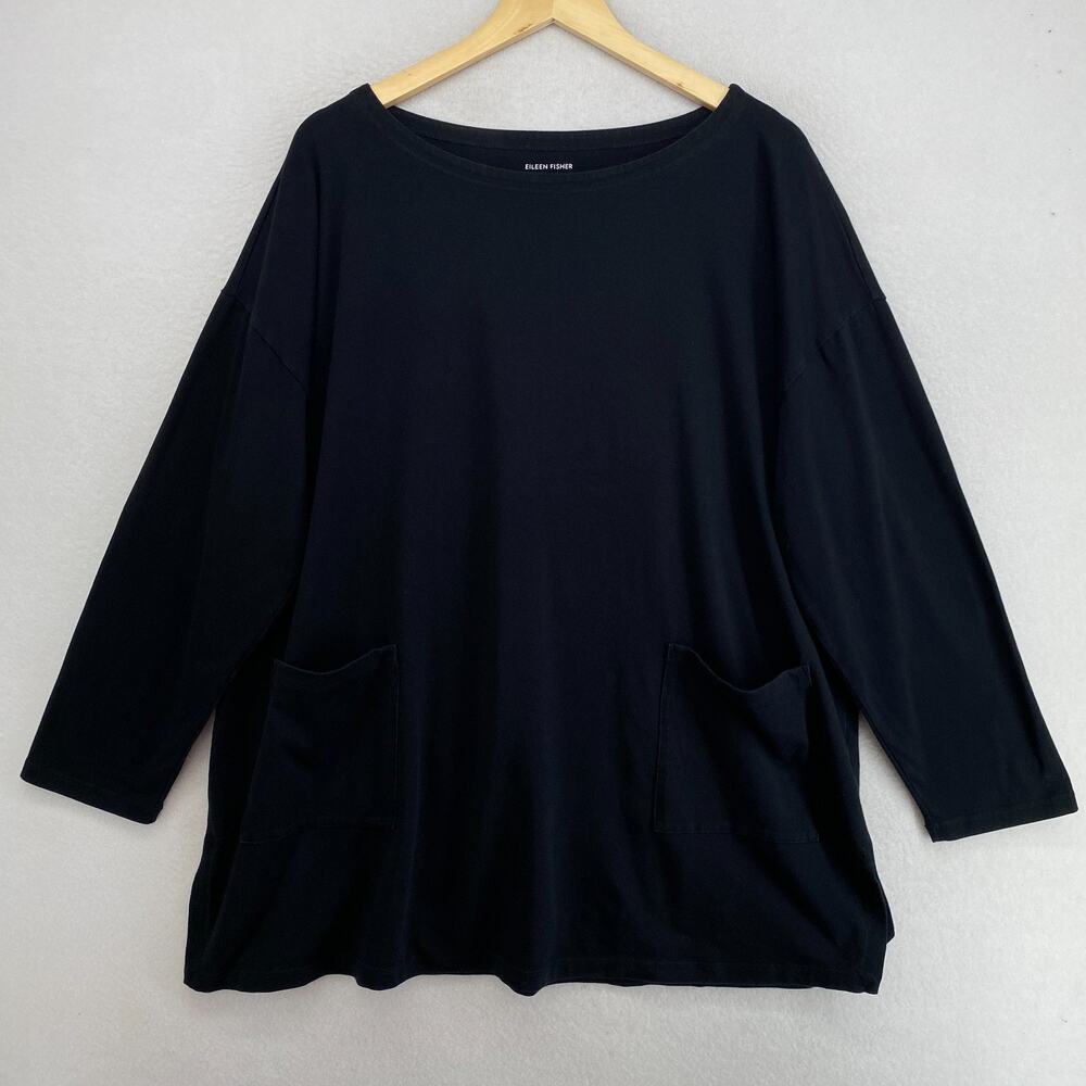 EILEEN FISHER Top XL Organic Cotton Stretch Jersey Tunic Boat Neck Black USA